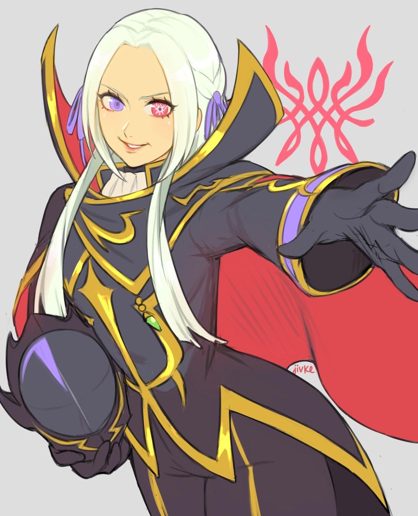 blush breasts cape code_geass commentary cosplay edelgard_von_hresvelg fabulous female fire_emblem fire_emblem:_three_houses geass gloves helmet heterochromia highres jivke lelouch_vi_britannia long_hair looking_at_viewer order_of_the_black_knights_uniform purple_eyes red_cape simple_background smile solo zero_(code_geass) zero_(code_geass)_(cosplay)