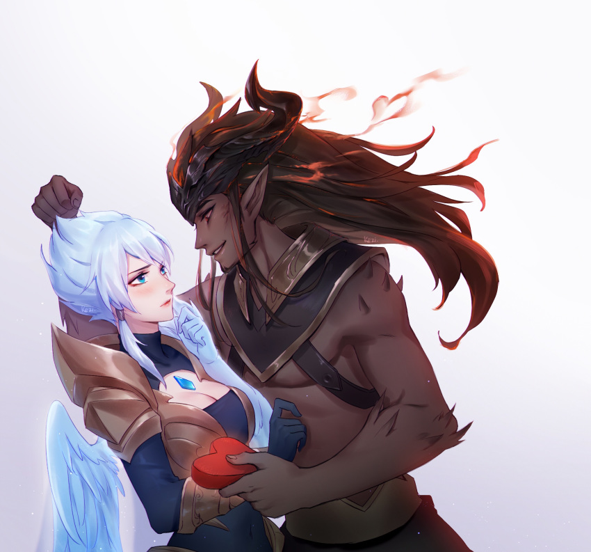 1boy alternate_costume black_hair blue_eyes blue_hair breasts cleavage dawnbringer_riven female gift gloves highres kezi league_of_legends long_hair nightbringer_yasuo riven_(league_of_legends) short_hair smile standing white_hair wings yasuo_(league_of_legends)