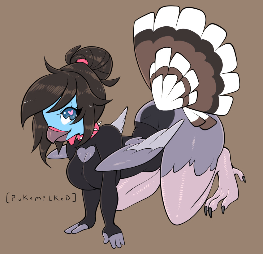 accessory anthro avian beak bird bottomless clothed clothing collar feathers female galliform hair hair_accessory hair_bun hair_tie heart_eyes heart_symbol hi_res partially_clothed phasianid skullwife smile solo spiked_collar spikes turkey wings