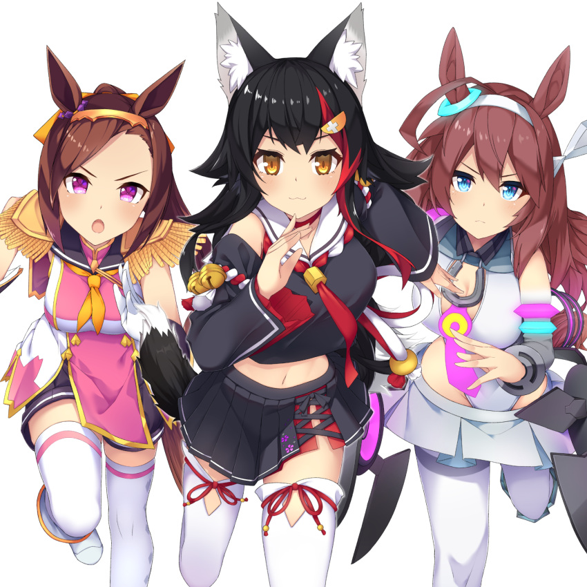 3girls ahoge animal_ear_fluff animal_ears black_hair black_shirt black_skirt blue_eyes breasts brown_hair commentary_request crossover detached_sleeves flower_in_eye hair_between_eyes hair_ornament hairclip highres hololive horse_ears horse_girl horse_tail long_hair looking_at_viewer medium_breasts midriff mihono_bourbon_(umamusume) multicolored_hair multiple_girls navel neckerchief ookami_mio ookami_mio_(1st_costume) open_mouth otaku_heishi pleated_skirt purple_eyes red_hair red_neckerchief running sakura_bakushin_o_(umamusume) shirt sidelocks simple_background skirt smile swept_bangs symbol_in_eye tail thighhighs two-tone_hair umamusume virtual_youtuber white_background white_legwear wolf_ears wolf_girl wolf_tail yellow_eyes yellow_neckerchief