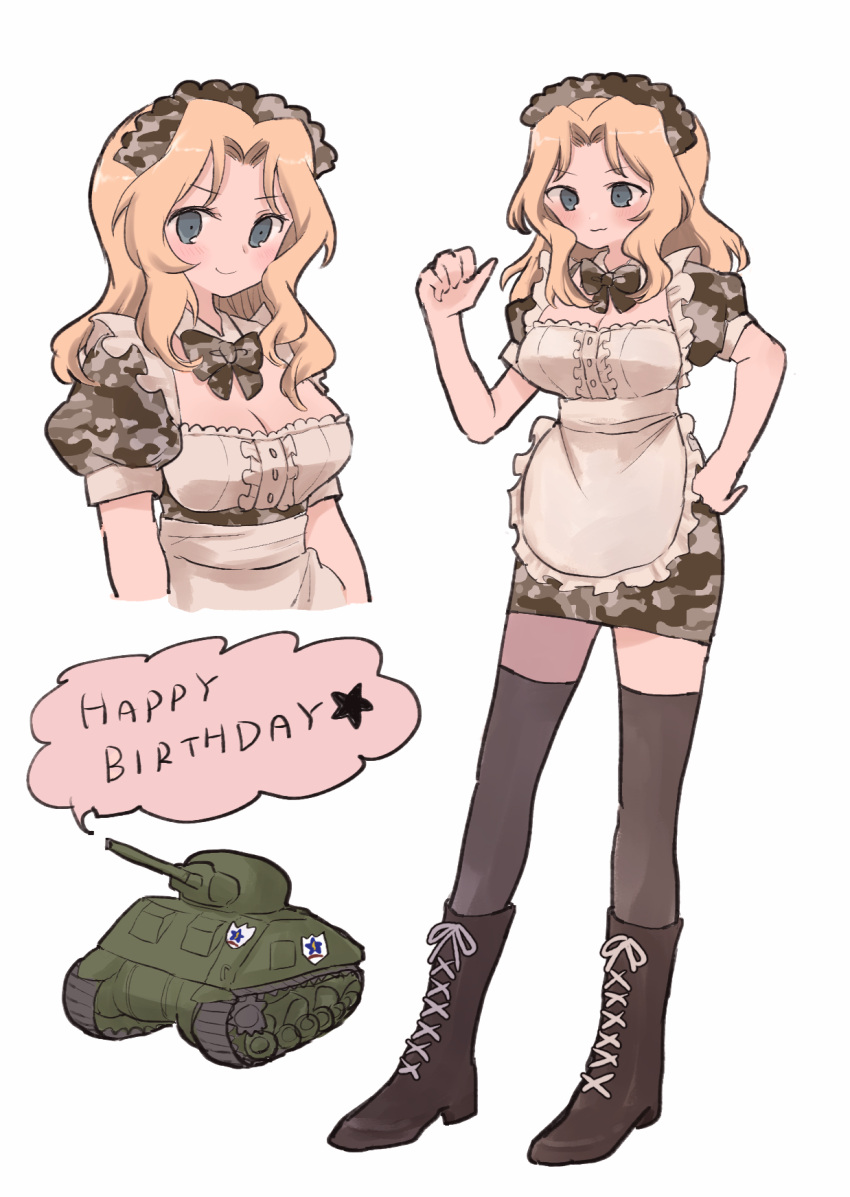 alternate_costume birthday black_footwear black_thighhighs blonde_hair blue_eyes boots camouflage_bowtie camouflage_dress closed_mouth combat_boots commentary cropped_torso cross-laced_footwear dress emblem english_commentary english_text enmaided female girls_und_panzer hair_intakes hand_on_own_hip happy_birthday highres kay_(girls_und_panzer) lace-up_boots long_hair looking_at_viewer m4_sherman maid maid_headdress medium_hair microdress military military_vehicle mixed-language_commentary motor_vehicle multiple_views pointing pointing_at_self puffy_short_sleeves puffy_sleeves ri_(qrcode) saunders_(emblem) short_sleeves simple_background smile speech_bubble standing star_(symbol) tank thighhighs white_background