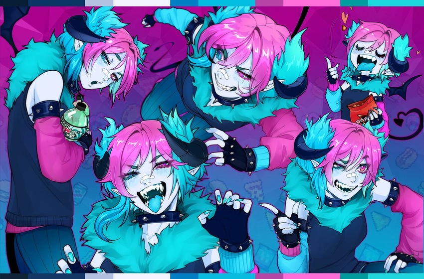 armlet bandaid bandaid_on_face bandaid_on_nose bare_shoulders blue_eyes blue_hair blue_tongue bottle bracelet breasts closed_eyes collar colored_tongue commentary demon_girl demon_horns demon_tail demon_wings detached_sleeves doritos eating english_commentary female fingerless_gloves food fream_(vtuber) gloves hair_between_eyes heterochromia holding holding_bottle holding_food horns indie_virtual_youtuber jewelry looking_at_viewer mountain_dew multiple_views open_mouth pink_eyes pink_hair pointy_ears second-party_source sharp_teeth slit_pupils small_breasts soda_bottle spiked_armlet spiked_bracelet spiked_collar spikes tail teeth tiredcatmom tongue virtual_youtuber wings