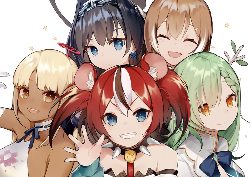 5girls animal_ears black_hair blonde_hair blush ceres_fauna ceres_fauna_(1st_costume) collar dark-skinned_female dark_skin everyone green_hair grin hakos_baelz holocouncil hololive hololive_english limiter_(tsukumo_sana) mouse_ears mouse_girl multiple_girls nanashi_mumei ouro_kronii red_hair smile spiked_collar spikes tsukumo_sana tsukumo_sana_(1st_costume) upper_body v-shaped_eyebrows virtual_youtuber xoaiu