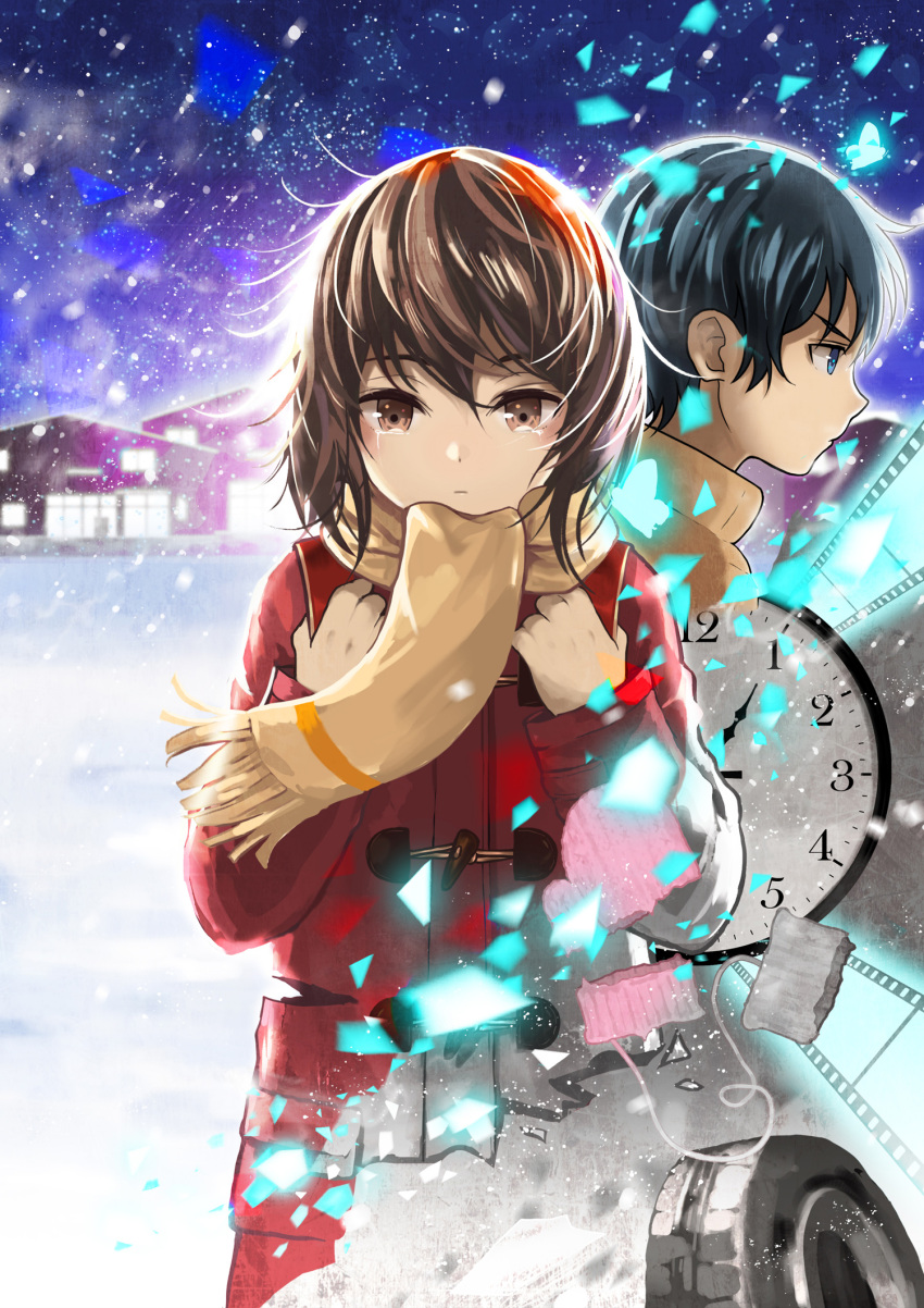 1boy black_hair blue_eyes boku_dake_ga_inai_machi brown_eyes brown_hair brown_sweater building clock coat commentary female film_strip from_side fujinuma_satoru glowing hands_on_own_chest highres hinazuki_kayo long_sleeves looking_ahead loose_hair_strand mittens night night_sky no_gloves partially_colored pink_mittens red_coat scarf shards short_hair sky snow snowing star_(sky) starry_sky sweater tearing_up tears toggles torn_clothes torn_coat torn_mittens uanuan unraveling unworn_mittens wind yellow_scarf