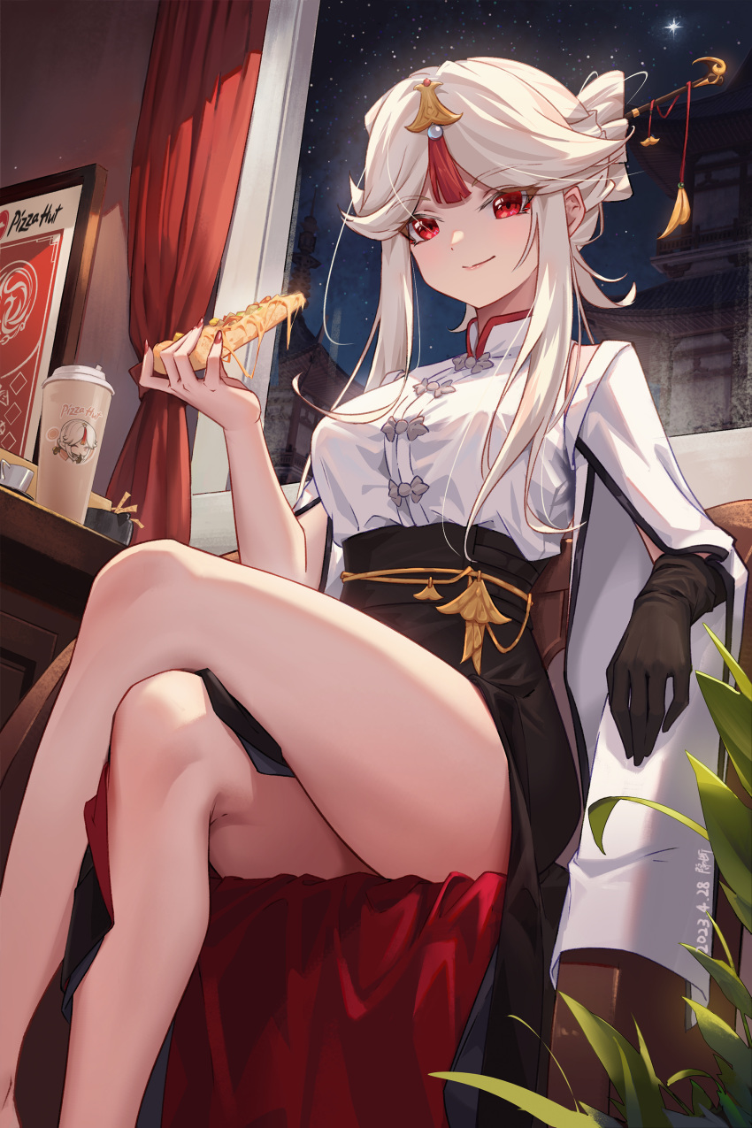 absurdres alternate_costume alternate_hairstyle black_gloves black_skirt breasts crossed_legs cup curtains female food geduan genshin_impact gloves hair_ornament hair_stick highres holding holding_food holding_pizza large_breasts legs looking_at_viewer md5_mismatch ningguang_(genshin_impact) ningguang_(pizza_hut)_(genshin_impact) pizza pizza_hut red_eyes resolution_mismatch shirt sidelocks single_glove sitting skirt smile solo source_smaller table tassel tassel_hair_ornament thighs white_hair white_shirt window