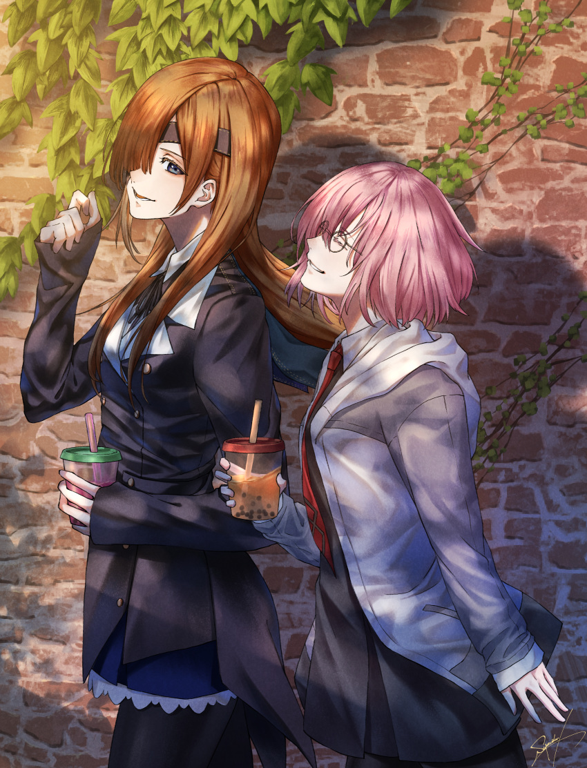 2girls absurdres akiwashi black_jacket blue_eyes brown_hair bubble_tea commentary_request drinking_straw eyepatch fate/grand_order fate_(series) from_side glasses hair_over_one_eye highres holding jacket long_hair long_sleeves looking_at_viewer mash_kyrielight multiple_girls necktie ophelia_phamrsolone outdoors pink_hair red_necktie shirt short_hair signature smile wall