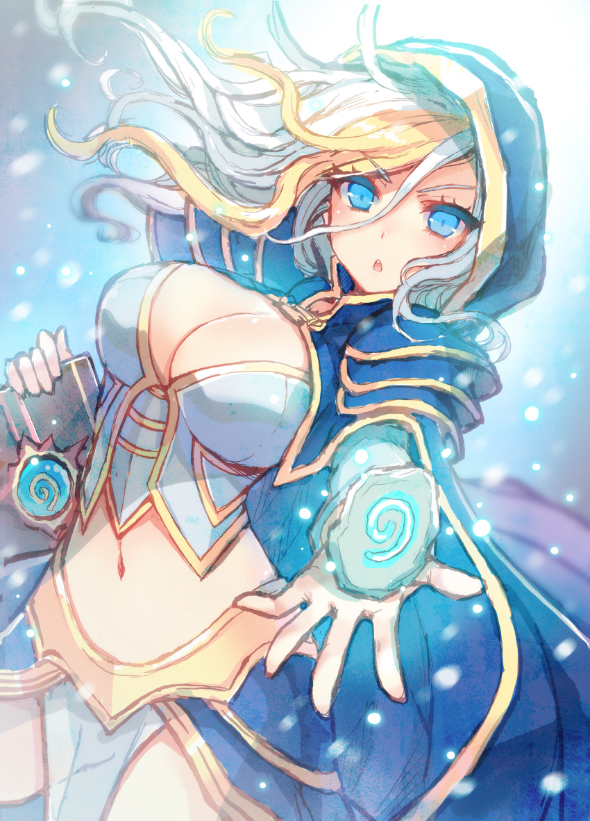 absurdres blonde_hair blue_eyes book breasts cleavage female hearthstone highres hood human_(warcraft) jaina_proudmoore kaworu_(1030) long_hair looking_at_viewer midriff multicolored_hair shoulder_pads thighs warcraft white_hair