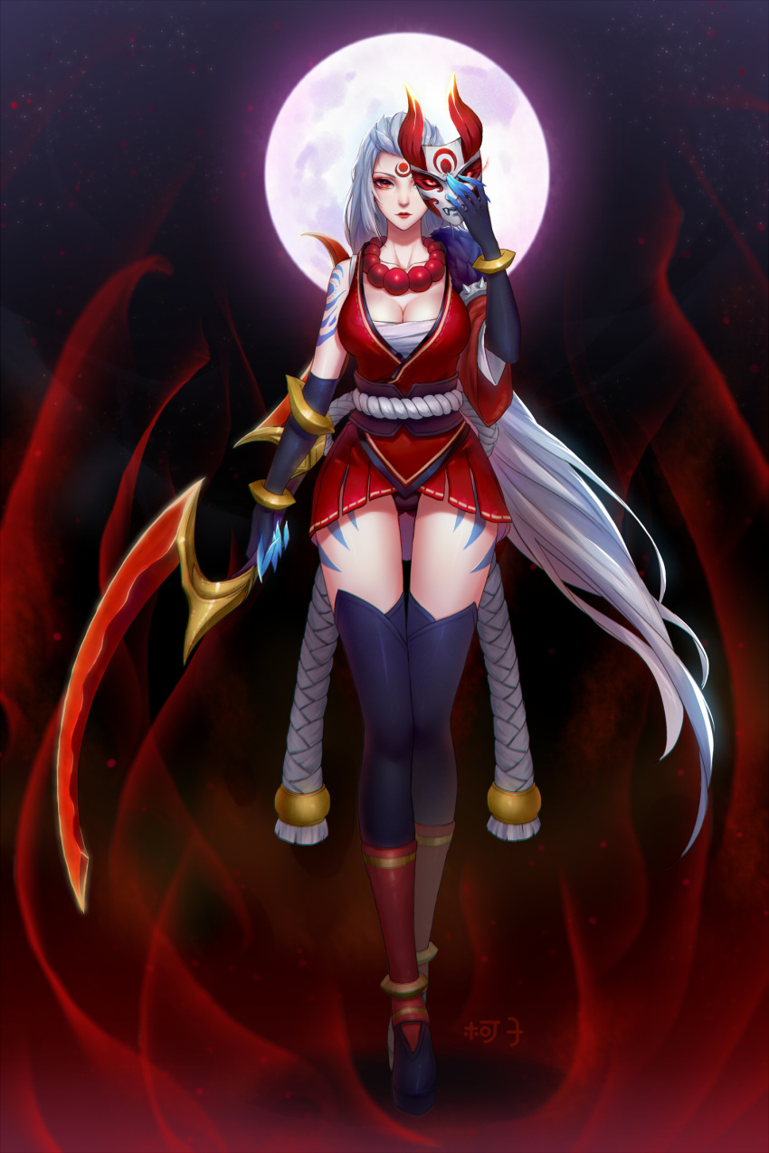 alternate_costume blood_moon_(league_of_legends) blood_moon_diana breasts cleavage diana_(league_of_legends) facial_mark female forehead_mark highres japanese_clothes jewelry kezi large_breasts league_of_legends long_hair makeup mask necklace oni_mask red_eyes solo thighhighs unworn_mask very_long_hair weapon white_hair