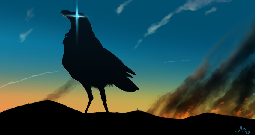 2020 apothem australian_raven avian bird black_body black_feathers corvid corvus_(genus) digital_media_(artwork) feathers feral fire glowing glowing_eyes hi_res landscape_dwarfing macro magpi male oscine outside passerine raven signature solo sunset