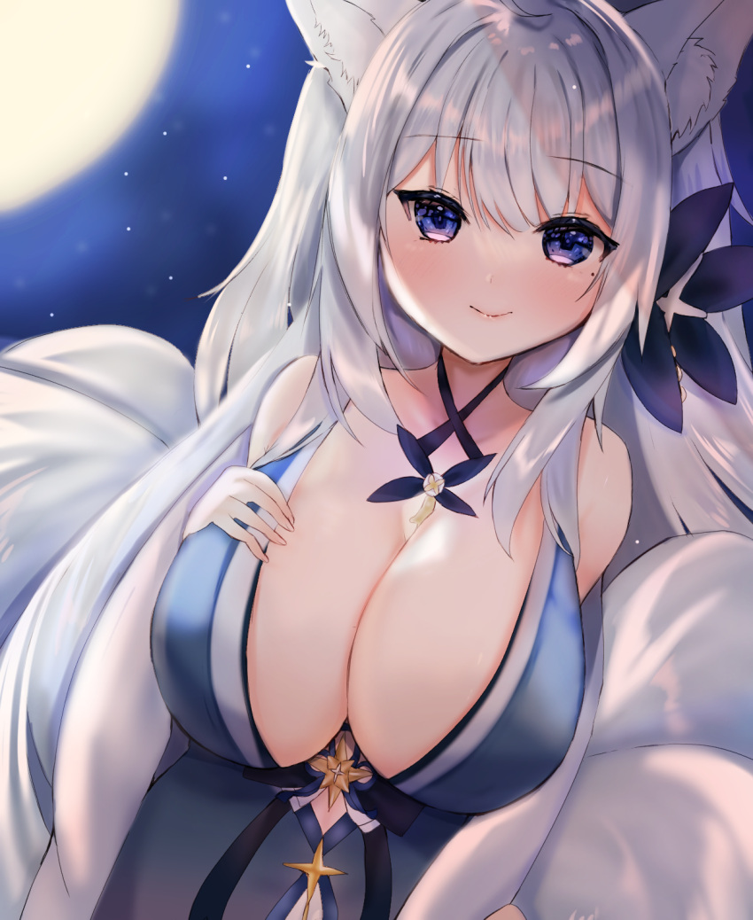 azur_lane blue_collar blue_dress breasts cleavage cocktail_dress collar dress evening_gown feather_boa female halter_dress halterneck hand_on_own_chest highres huge_breasts ichigo_moka kitsune kyuubi large_tail looking_at_viewer multiple_tails official_alternate_costume purple_eyes shinano_(azur_lane) shinano_(dreams_of_the_hazy_moon)_(azur_lane) sleeveless sleeveless_dress solo tail white_hair white_tail