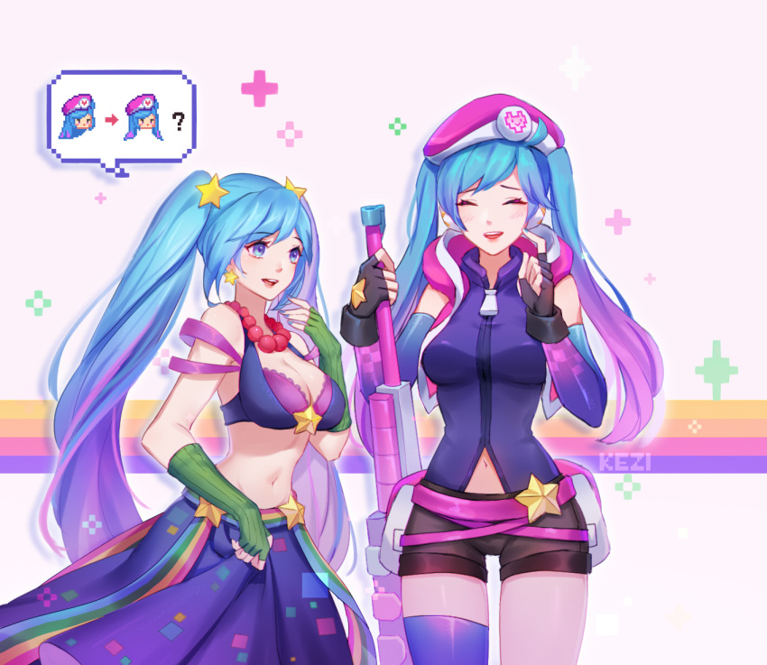 2girls alternate_costume arcade_caitlyn arcade_sona bare_shoulders blue_eyes blue_hair blush bra breasts caitlyn_(league_of_legends) cleavage earrings fingerless_gloves gloves gradient_hair gun hair_ornament hat highres jewelry kezi large_breasts league_of_legends long_hair multicolored_hair multiple_girls nail_polish navel necklace open_mouth purple_bra purple_hair smile sona_(league_of_legends) star_(symbol) star_earrings star_hair_ornament twintails underwear weapon