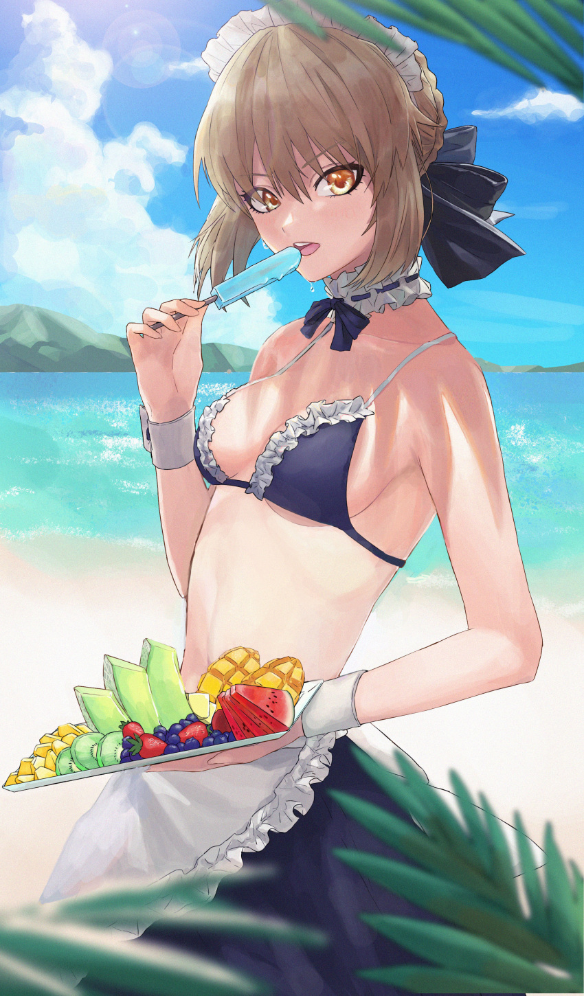 absurdres apron artoria_pendragon_(alter_swimsuit_rider)_(fate) artoria_pendragon_(alter_swimsuit_rider)_(second_ascension)_(fate) artoria_pendragon_(fate) bare_shoulders beach bikini bikini_top_only black_bikini black_skirt blue_sky blush braid breasts choker collarbone day fate/grand_order fate_(series) female food french_braid frilled_bikini frilled_choker frills fruit highres long_hair looking_at_viewer maid maid_bikini maid_headdress monge_baby open_mouth outdoors photoshop_(medium) popsicle skirt sky small_breasts swimsuit tray unconventional_maid waist_apron yellow_eyes