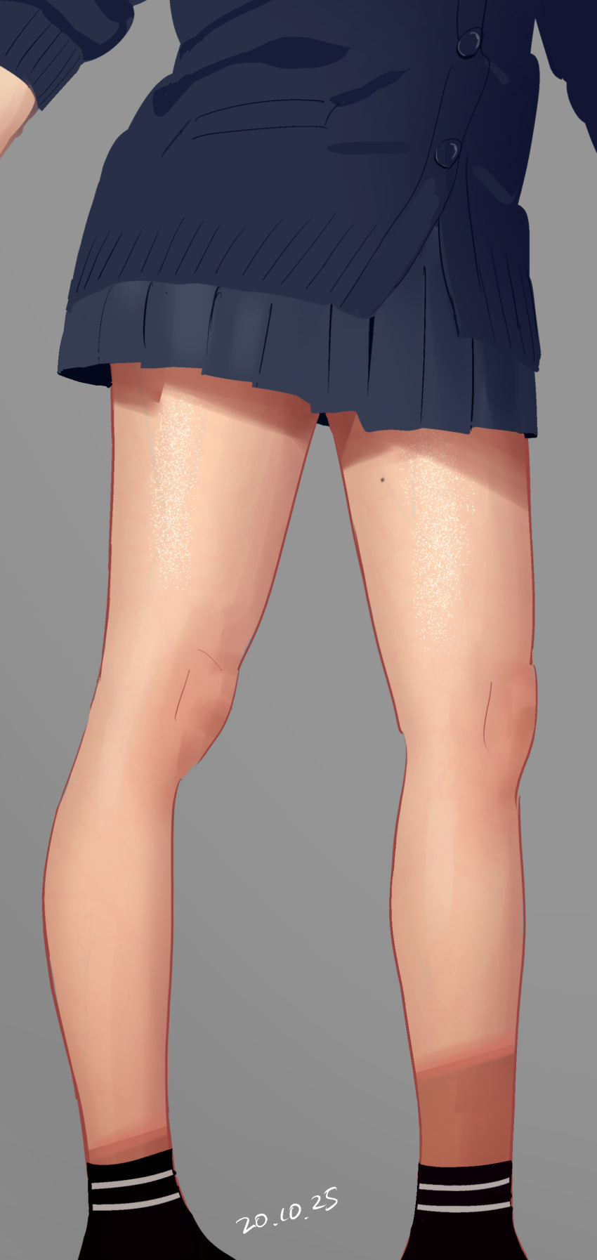 absurdres black_socks cardigan dated female grey_background grey_skirt highres lower_body miniskirt mole mole_on_thigh pleated_skirt school_uniform skirt socks solo standing tonari_no_jk_ni_odosarete_iribitararetemasu veins yukiyoshi_mamizu