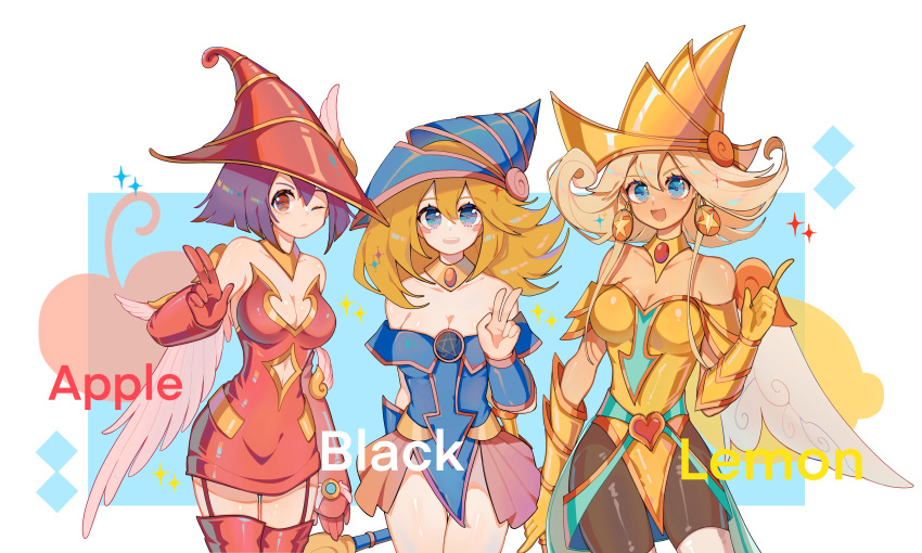 3girls absurdres apple_magician_girl bare_shoulders bike_shorts black_shorts blonde_hair blue_eyes blue_headwear blush boots breasts brown_eyes cleavage cowboy_shot dark_magician_girl dress duel_monster earrings flipped_hair gloves hand_up hat heart highres jewelry large_breasts lemon_magician_girl long_hair looking_at_viewer multiple_girls off_shoulder one_eye_closed open_mouth platinum_blonde_hair raimo red_dress red_gloves red_headwear red_legwear short_hair shorts smile strapless strapless_dress thigh_boots thighhighs v wizard_hat yellow_gloves yellow_headwear yu-gi-oh! yu-gi-oh!_the_dark_side_of_dimensions