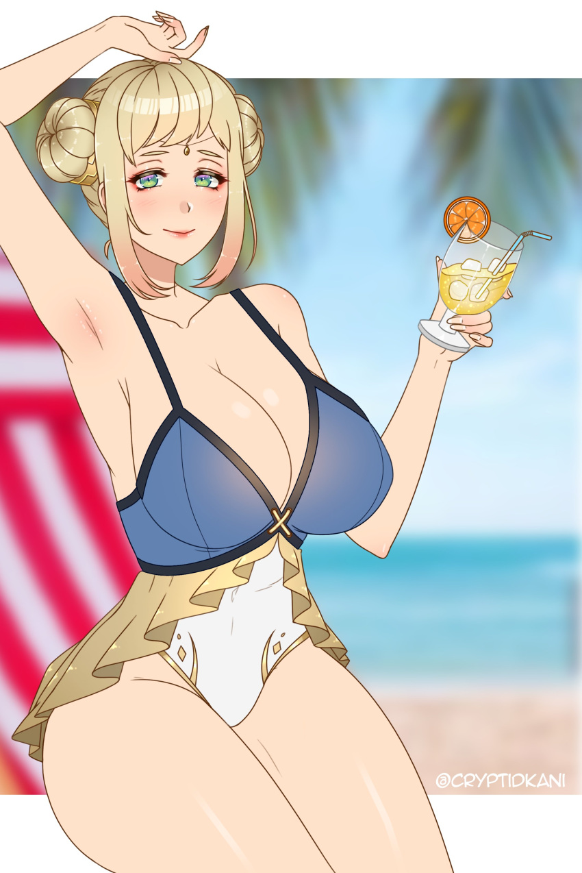 absurdres alternate_costume arm_up armpits beach blonde_hair blush braid braided_bun breasts cleavage closed_mouth collarbone commentary commission cosplay cryptid_crab cup double_bun drink drinking_glass english_commentary female fingernails fire_emblem fire_emblem_heroes forehead_jewel gradient_hair green_eyes hair_bun henriette_(fire_emblem) highres holding holding_cup holding_drink huge_breasts jewelry lips looking_at_viewer multicolored_hair official_alternate_costume one-piece_swimsuit outdoors pink_hair pink_lips short_hair sidelocks smile solo swimsuit tana_(fire_emblem) tana_(fire_emblem)_(cosplay) tana_(summer)_(fire_emblem) tana_(summer)_(fire_emblem)_(cosplay) thighs twitter_username