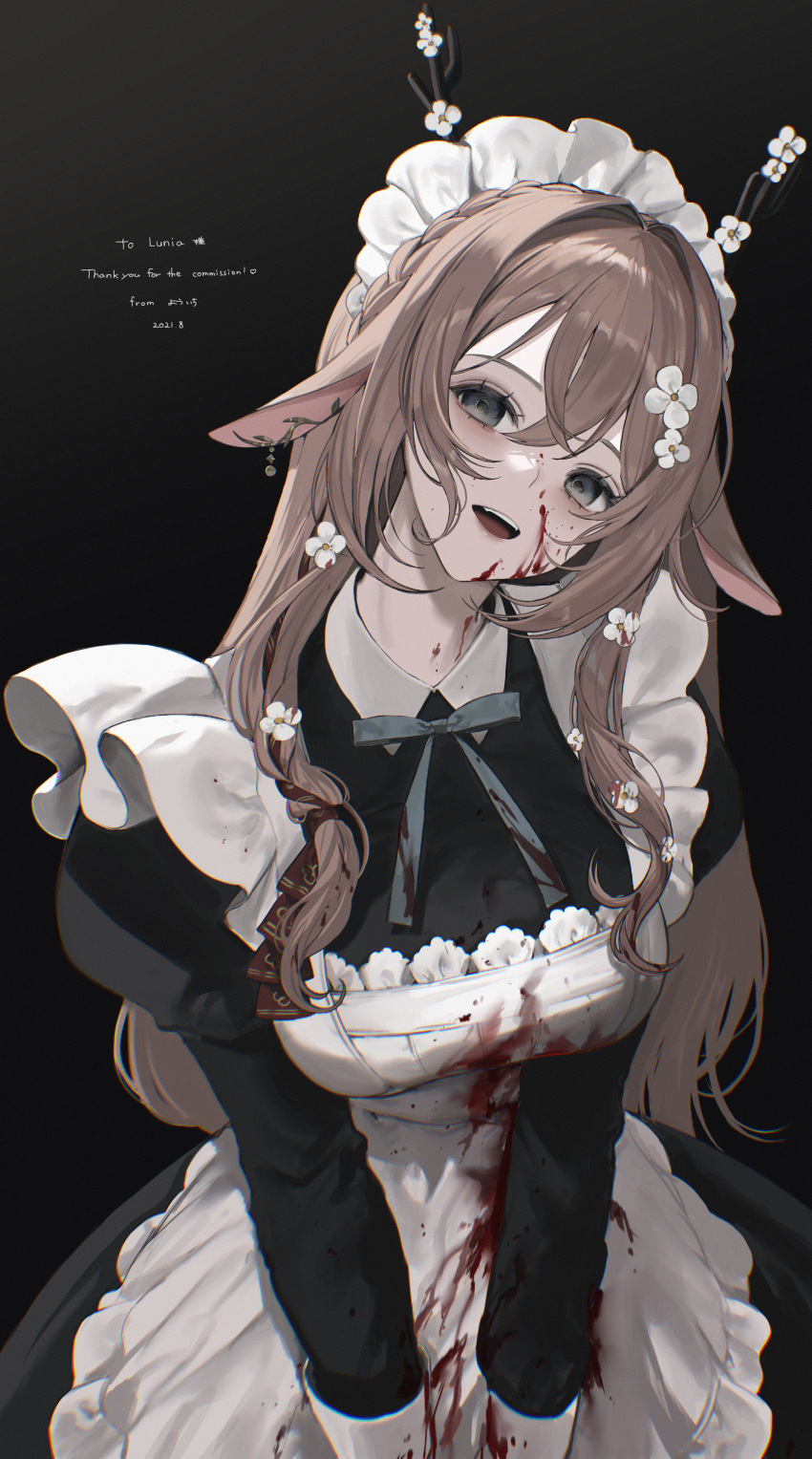 :d absurdres animal_ears antlers apron black_dress black_eyes blood blood_on_clothes blood_on_face blue_bow bow braid breasts brown_hair commission cowboy_shot deer_antlers deer_ears deer_girl dress female flower hair_between_eyes hair_flower hair_ornament highres horns indie_virtual_youtuber juliet_sleeves large_breasts long_hair long_sleeves looking_at_viewer lunia_(vtuber) maid maid_apron maid_headdress open_mouth psd_available puffy_sleeves second-party_source skeb_commission smile solo standing v_arms virtual_youtuber white_apron white_flower yandere youichi_(45_01)