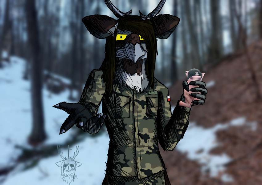 absurd_res anthro antlers artamid avian bajer_(jurij_bajer) beak bingus bird clothed clothing corvid cracticinae currawong deer digital_media_(artwork) domestic_cat eurasian_magpie felid feline felis forest gloves hair handwear hi_res holarctic_magpie horn hybrid jurij_bajer long_hair looking_at_viewer magpie_(corvid) male mammal meme military_uniform oscine passerine photo_background photography_(artwork) plant solo tree uniform yellow_sclera