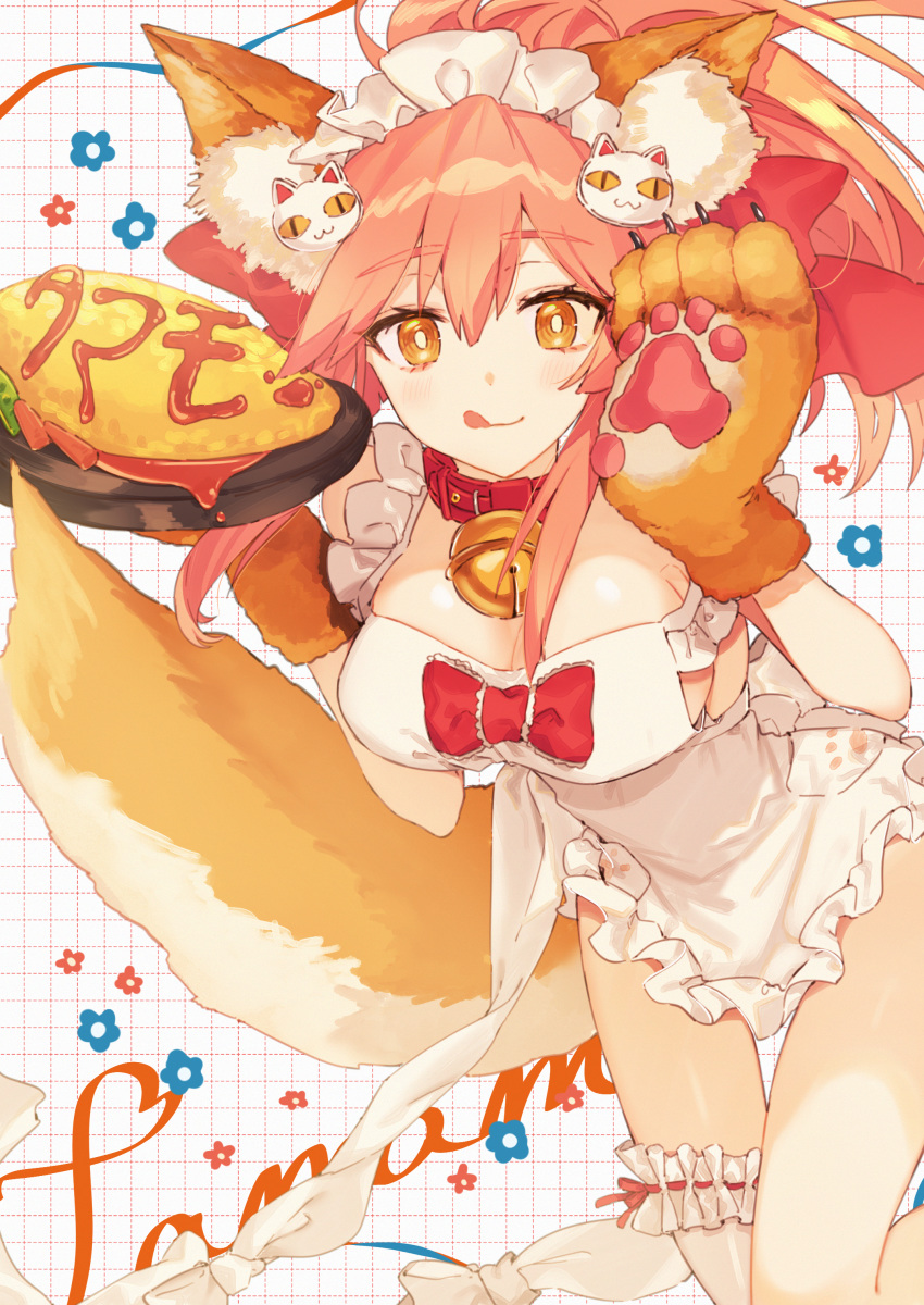 absurdres animal_ear_fluff animal_ears animal_hands apron bare_shoulders bell blush bow breasts bridal_garter cat_hair_ornament cat_paws closed_mouth collar fate/extra fate/grand_order fate_(series) female food fox_ears fox_girl fox_tail gloves hair_between_eyes hair_ornament hairbow highres jingle_bell large_breasts leaning_forward licking_lips long_hair looking_at_viewer naked_apron neck_bell omelet omurice paw_gloves pink_hair plate ponytail red_bow rizu033 sidelocks smile tail tamamo_(fate) tamamo_cat_(fate) tamamo_cat_(third_ascension)_(fate) thighs tongue tongue_out yellow_eyes