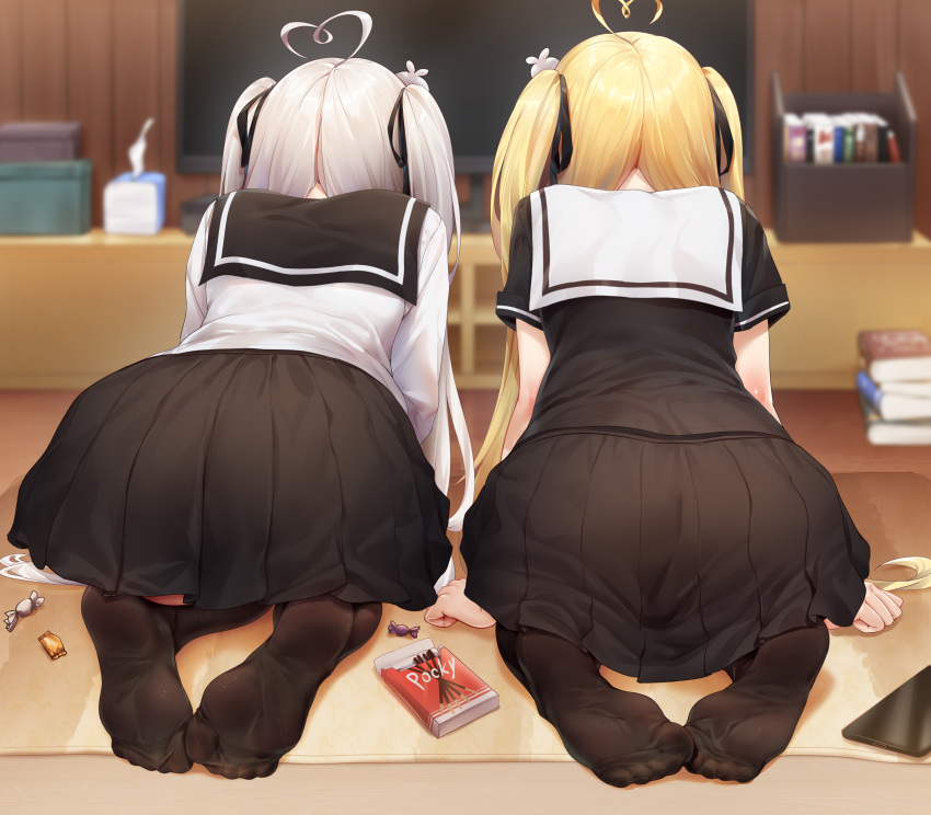 2girls absurdres ahoge all_fours ass ass_focus black_ribbon black_shirt black_skirt blonde_hair blurry blurry_background candy candy_wrapper cellphone commentary_request feet food from_behind hair_ribbon heart heart_ahoge highres indoors long_hair long_sleeves multiple_girls niliu_chahui no_shoes original phone pleated_skirt pocky revision ribbon school_uniform serafuku shirt short_sleeves siblings sisters skirt smartphone soles toes tokisaki_asaba_(niliu_chahui) tokisaki_mio_(niliu_chahui) white_hair white_shirt