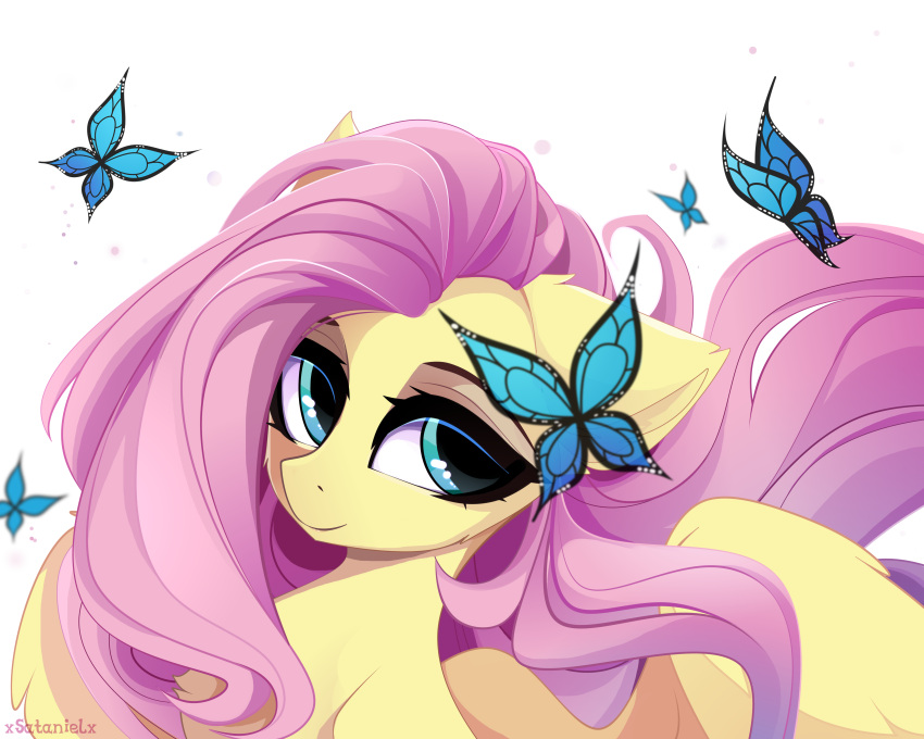 5:4 absurd_res arthropod butterfly equid equine female feral fluttershy_(mlp) friendship_is_magic hair hasbro hi_res insects lepidopteran mammal my_little_pony mythological_creature mythological_equine mythology pegasus pink_hair simple_background smile solo white_background wings xsatanielx yellow_body