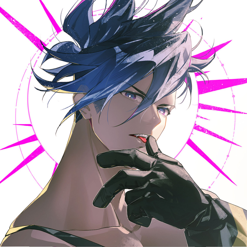 1boy black_gloves blue_hair collarbone galo_thymos gloves hair_between_eyes highres kukuish licking licking_finger looking_at_viewer male_focus muscular muscular_male portrait promare short_hair solo spiked_hair teeth tongue tongue_out upper_body white_background