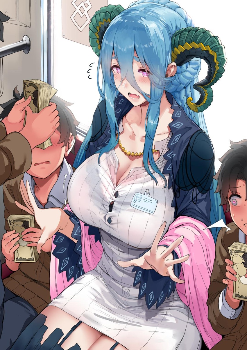 3boys age_difference aged_down alternate_costume banknote blue_hair blush boy_sandwich bra bra_visible_through_clothes braid breasts brown_hair button_gap cleavage commentary compensated_molestation curled_horns fangs fate/grand_order fate_(series) female fingernails flying_sweatdrops fujimaru_ritsuka_(male) garter_straps heart heart-shaped_pupils hews highres holding holding_money horns id_card jewelry large_breasts long_hair messy_hair money multiple_boys necklace oerba_yun_fang onee-shota pink_eyes sandwiched skin_fang star-shaped_pupils star_(symbol) straight symbol-shaped_pupils teeth thighhighs tiamat_(fate) train_interior underwear very_long_hair