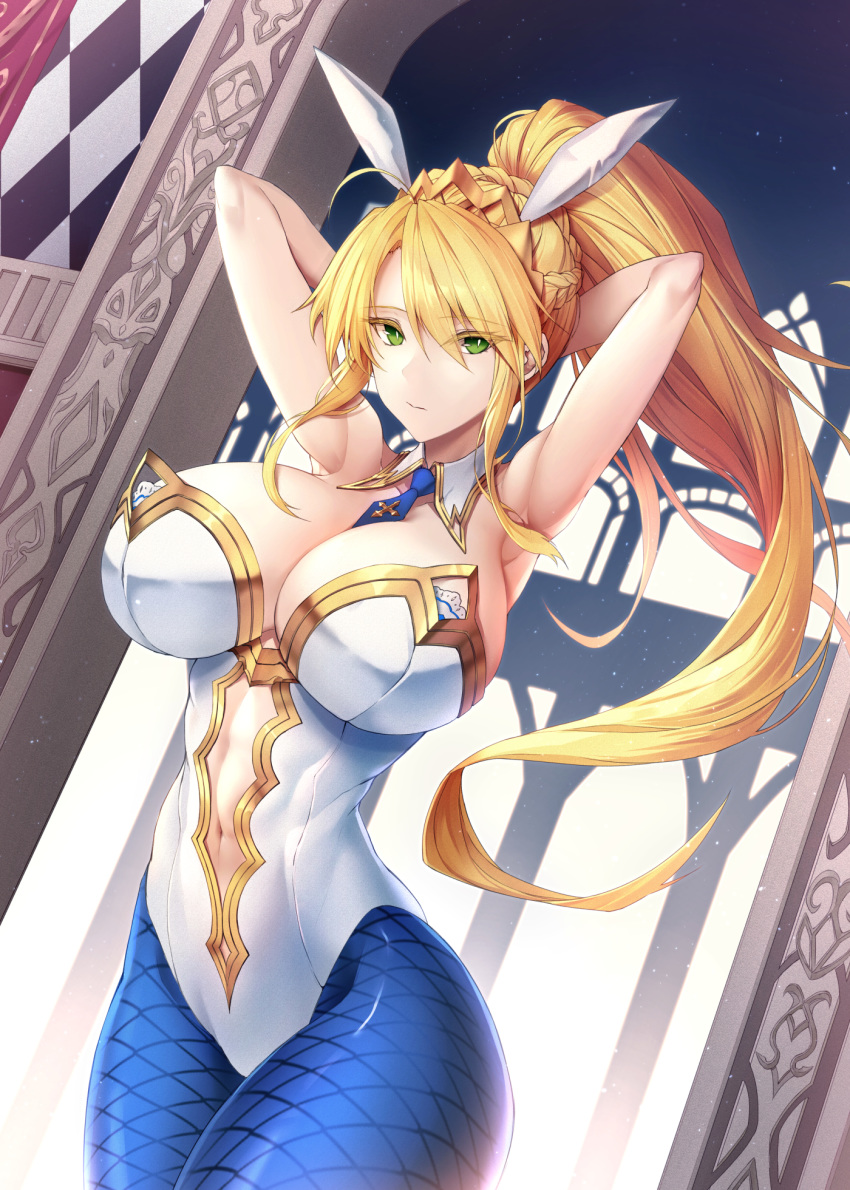 ahoge animal_ears armpits arms_behind_head arms_up artoria_pendragon_(fate) artoria_pendragon_(swimsuit_ruler)_(fate) blonde_hair blue_necktie blue_pantyhose bra bra_peek braid breasts cleavage clothing_cutout commentary detached_collar english_commentary fate/grand_order fate_(series) feather_boa female fishnet_pantyhose fishnets french_braid green_eyes hair_between_eyes highleg highleg_leotard highres large_breasts leotard limeblock long_hair looking_at_viewer navel navel_cutout necktie pantyhose playboy_bunny ponytail rabbit_ears short_necktie sidelocks solo tiara underwear white_leotard wrist_cuffs