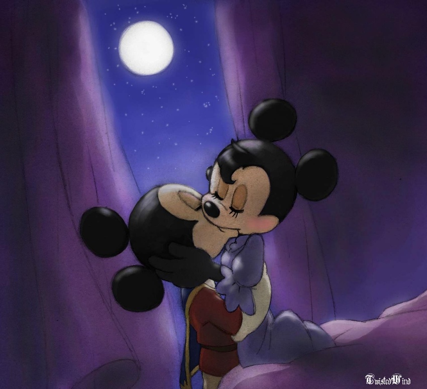 2011 anthro bed canon_couple cape closed_eyes clothing disney duo female furniture hi_res hug kiss_on_lips kissing male male/female mammal mickey_mouse minnie_mouse moon mouse murid murine night rodent romantic signature twistedterra