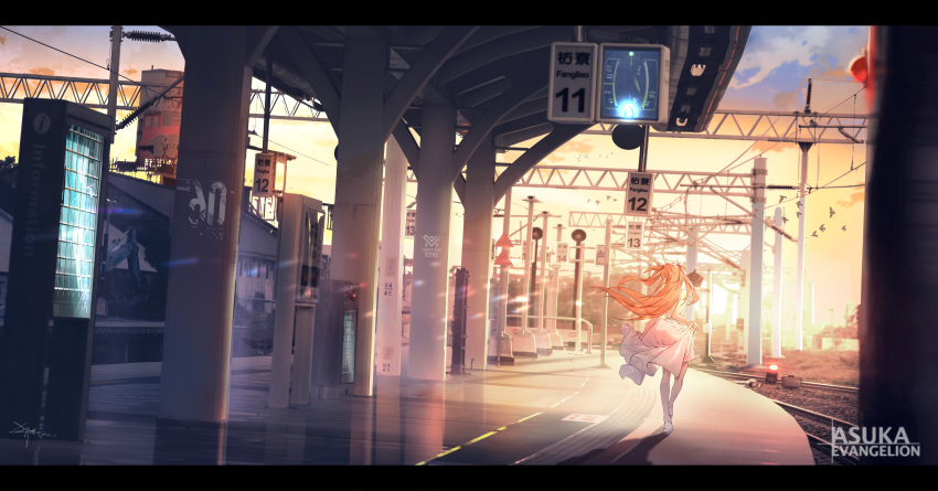 absurdres back bare_shoulders character_name cloud copyright_name dress female full_body high_heels highres holding holding_clothes holding_dress letterboxed long_hair neon_genesis_evangelion nid417 orange_hair orange_sky outdoors scenery sky solo souryuu_asuka_langley sunset train_station twintails white_dress