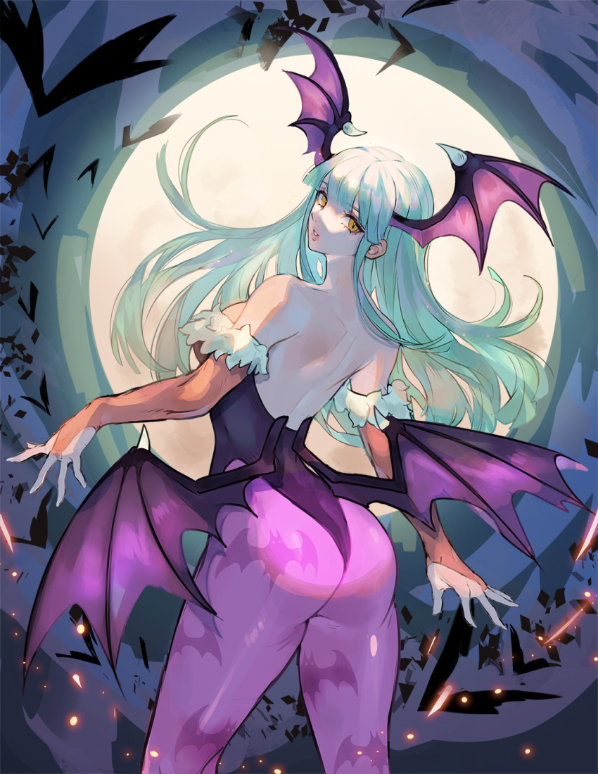 alpaca_carlesi animal_print ass backless_leotard bat_(animal) bat_print black_leotard blunt_bangs bridal_gauntlets cowboy_shot demon_girl demon_wings detached_sleeves feather_trim female from_behind full_moon green_hair head_wings highres leotard long_hair looking_at_viewer looking_back moon morrigan_aensland orange_eyes orange_sleeves pantyhose parted_lips print_pantyhose purple_pantyhose solo strapless strapless_leotard vampire_(game) wings