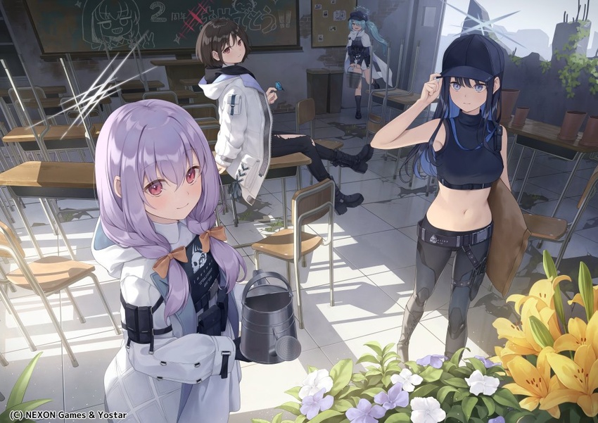 4girls aqua_hair arius_squad_(blue_archive) atsuko's_grin_(meme) atsuko_(blue_archive) bare_arms bare_shoulders baseball_cap black_footwear black_hair black_pants blue_archive blue_eyes blue_flower blue_hair blue_headwear blue_shirt boots breasts chair chalkboard commentary_request crop_top desk flower halo hat hiyori_(blue_archive) indoors jacket leggings long_hair looking_at_viewer medium_breasts meme midriff misaki_(blue_archive) multiple_girls navel official_art on_desk pants purple_eyes purple_hair ruins saori_(blue_archive) shirt sitting standing stomach table twintails white_flower white_jacket yellow_flower yukiyama_momo