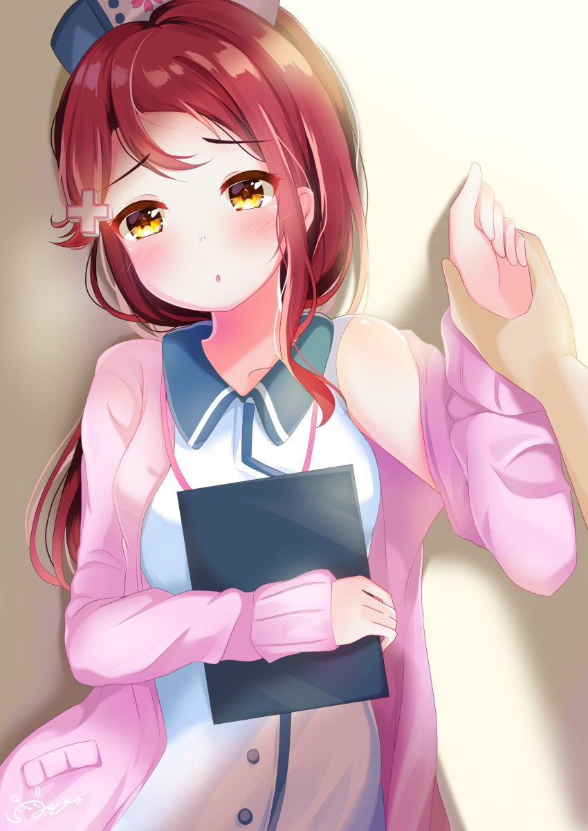 absurdres bad_id bad_pixiv_id birthday commentary_request depe female hair_ornament hat highres jacket long_hair love_live! love_live!_school_idol_festival love_live!_sunshine!! nurse nurse_cap pink_jacket ponytail red_hair sakurauchi_riko signature yellow_eyes