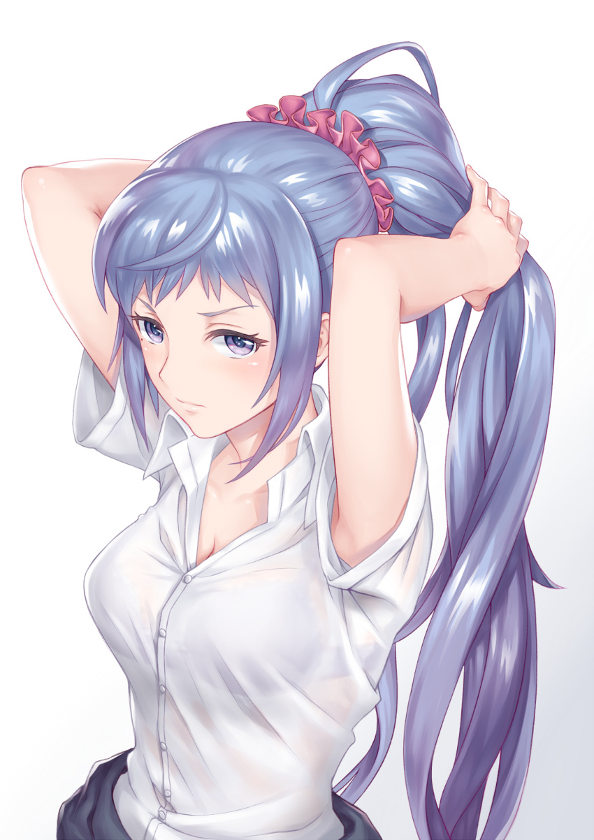 adjusting_hair armpits arms_behind_head breasts cleavage closed_mouth collared_shirt commentary_request dress_shirt female hand_in_own_hair hands_in_hair high_ponytail highres holding holding_own_hair kawasaki_saki light_purple_hair long_hair pink_scrunchie ponytail purple_eyes school_uniform scrunchie shirt short_sleeves sidelocks sobu_high_school_uniform solo very_long_hair white_shirt xun_(xun124c41) yahari_ore_no_seishun_lovecome_wa_machigatteiru.