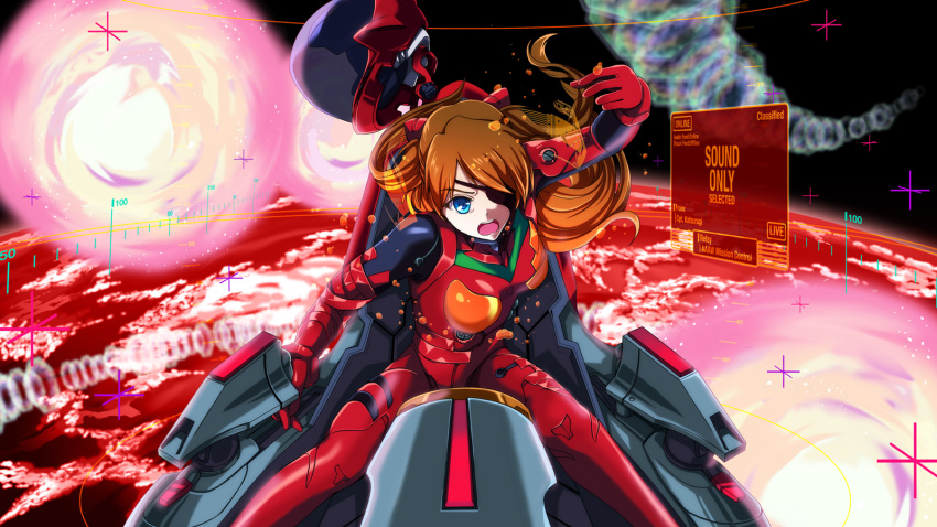 blue_eyes bodysuit breasts brown_hair cockpit commentary_request evangelion:_3.0_you_can_(not)_redo eyepatch female gloves highres ivuki long_hair looking_at_viewer neon_genesis_evangelion pilot_suit plugsuit rebuild_of_evangelion red_bodysuit science_fiction solo souryuu_asuka_langley