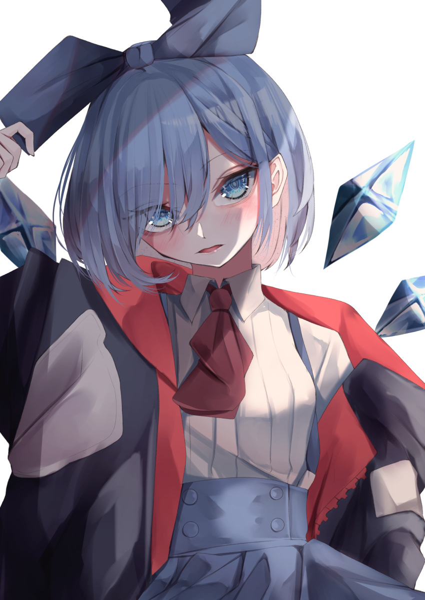 adjusting_bow adjusting_clothes alternate_costume arm_up ascot blue_bow blue_eyes blue_hair blue_skirt blush bow buttons cirno collared_shirt commentary female hair_behind_ear hair_between_eyes hair_over_eyes hairbow head_tilt high-waist_skirt highres ice ice_wings looking_at_viewer open_clothes open_mouth oversized_clothes pleated_shirt pleated_skirt red_ascot shirt short_hair sidelocks simple_background skirt solo swept_bangs touhou tsune_(tune) upper_body white_background white_shirt wing_collar wings zipper