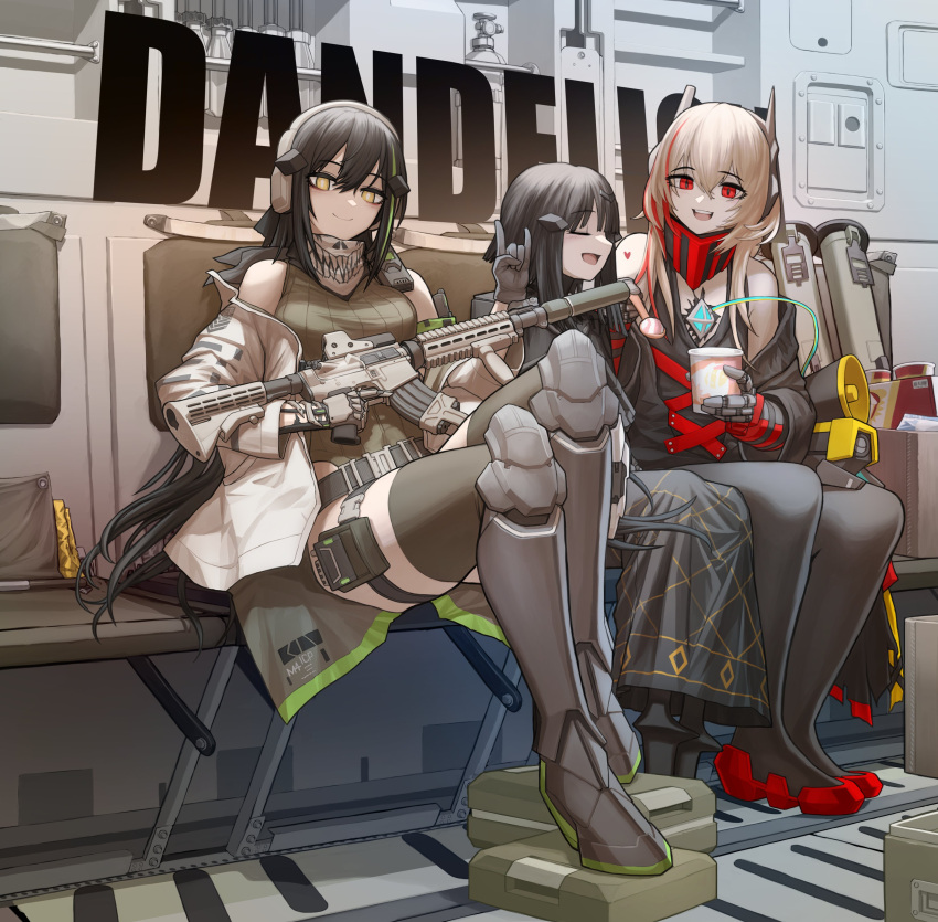 3girls \m/ absurdres anna_(girls'_frontline) assault_rifle black_dress black_hair blonde_hair boots character_name cheogtanbyeong closed_mouth commentary_request cosplay dandelion_(girls'_frontline) dress eyeliner girls'_frontline gloves green_hair gun hair_between_eyes hair_ornament hand_gesture headgear headphones highres holding holding_gun holding_weapon jacket korean_commentary leotard leotard_sweater long_hair looking_at_viewer m4_carbine m4_sopmod_ii_(girls'_frontline) m4_sopmod_ii_(mod3)_(girls'_frontline) m4a1_(girls'_frontline) m4a1_(girls'_frontline)_(cosplay) makeup mask multicolored_hair multiple_girls nyto_(girls'_frontline) pantyhose red_eyes red_footwear ribbed_leotard rifle scarf sitting skull_mask smile streaked_hair thighhighs very_long_hair weapon white_jacket yellow_eyes