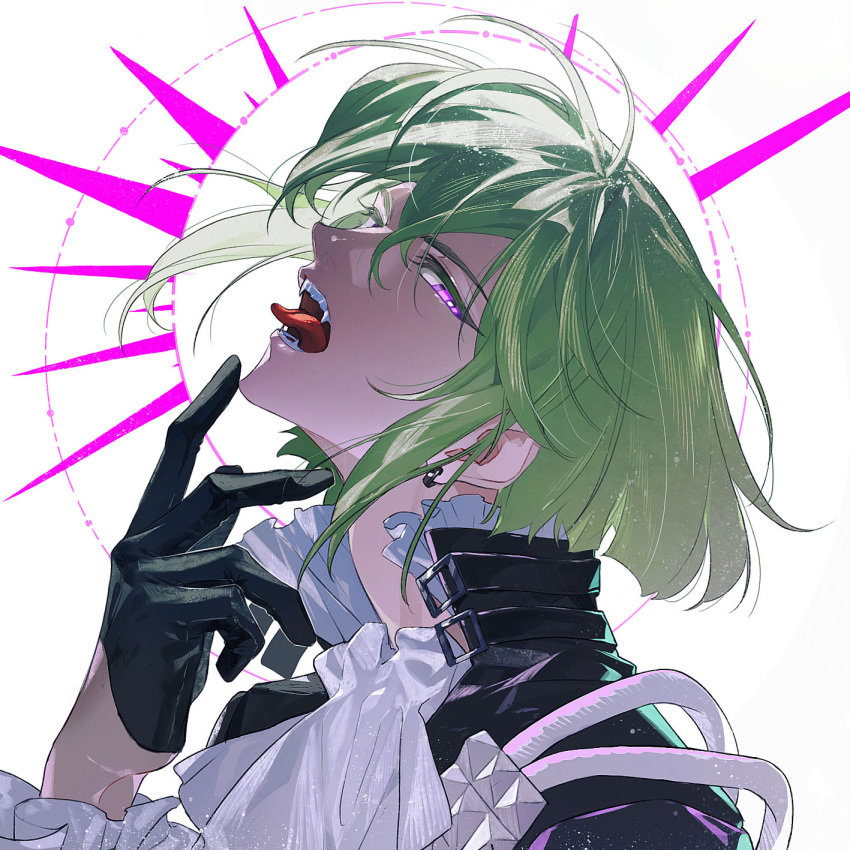 1boy androgynous ascot black_gloves black_jacket bob_cut earrings gloves green_hair hair_between_eyes half_gloves highres jacket jewelry kukuish lio_fotia looking_at_viewer male_focus open_mouth portrait promare purple_eyes short_hair solo teeth tongue tongue_out upper_body white_ascot white_background