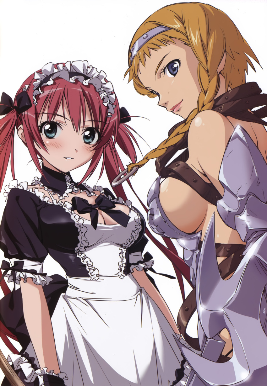 2girls absurdres airi airi_(queen's_blade) armor blonde_hair blue_eyes braid breasts cleavage green_eyes highres hisayuki_hirokazu leina lips long_hair maid multiple_girls official_art queen's_blade red_hair reina ribbon scythe sideboob smile takamura_kazuhiro twin_braids twintails