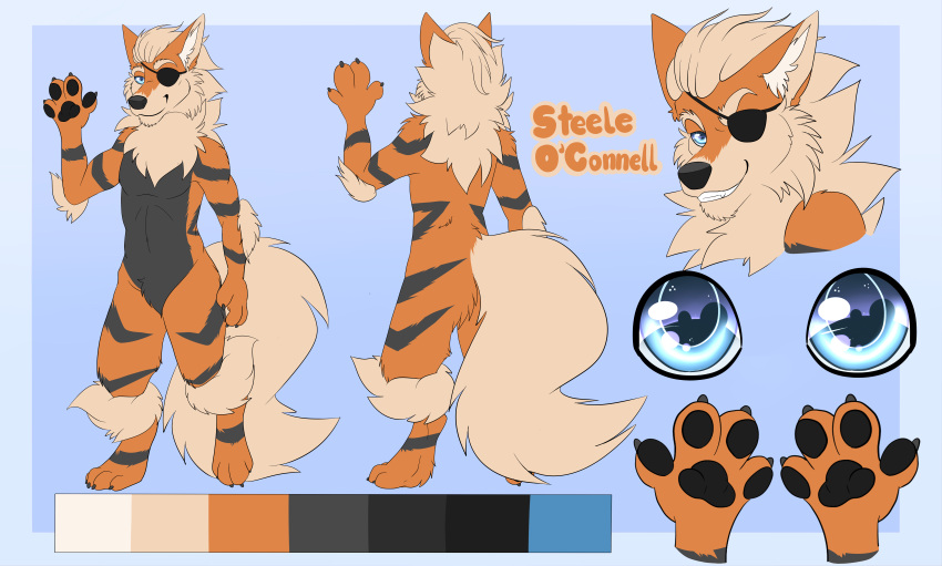 absurd_res anthro anthrofied arcanine blue_eyes canid canine che_nupet eye_patch eyewear fur generation_1_pokemon hi_res male mammal mane model_sheet nintendo pokemon pokemon_(species) pokemorph solo standing steele_o'connell tail