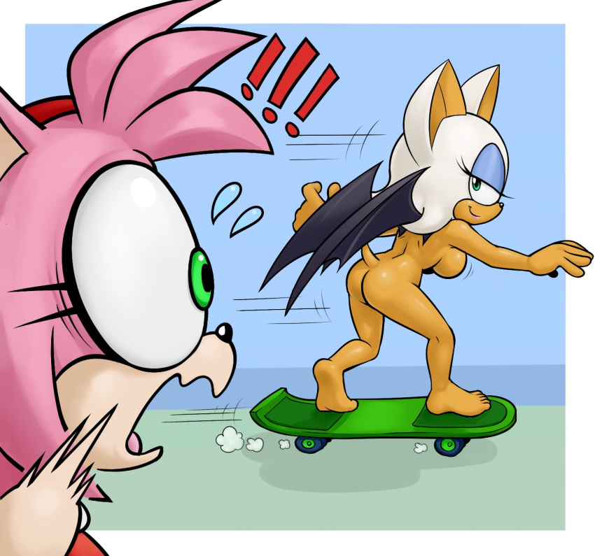 amy_rose anthro ass bat bat_wings big_breasts black_wings breasts clothed clothing countershading dress duo eulipotyphlan female fur hair head_tuft hedgehog hi_res humor mammal mario-grant membrane_(anatomy) membranous_wings nude pink_body pink_fur pink_hair red_clothing red_dress rouge_the_bat sega skateboard skateboarding sonic_the_hedgehog_(series) tan_body tan_countershading tan_skin the_simpsons tuft vehicle white_body white_fur wings