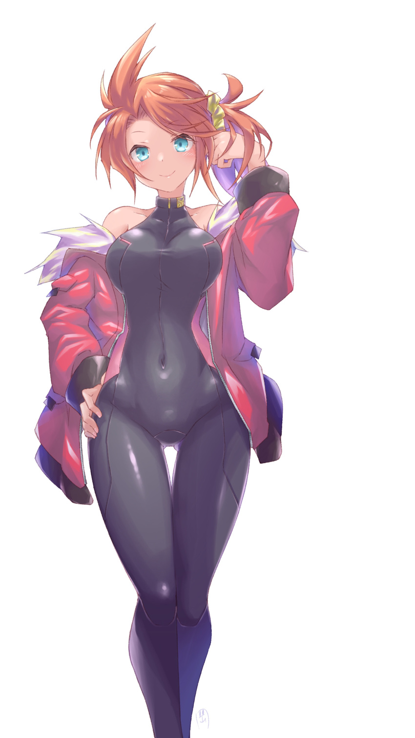 absurdres bad_id bad_pixiv_id bare_shoulders blue_eyes blush bodysuit breasts commentary_request covered_collarbone covered_navel ekaki-ya_okamoto feet_out_of_frame female hand_on_own_hip highres jacket large_breasts long_sleeves looking_at_viewer orange_hair original side_ponytail simple_background skin_tight sleeveless sleeveless_bodysuit smile solo standing white_background