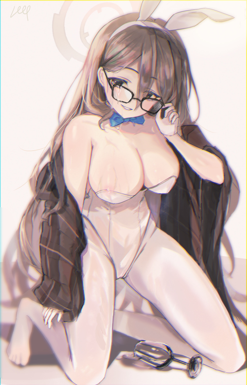 10_04ten absurdres akane_(blue_archive) akane_(bunny)_(blue_archive) animal_ears aqua_bow aqua_bowtie bare_shoulders black-framed_eyewear blue_archive blush bow bowtie breasts brown_eyes brown_hair cleavage clenched_teeth commentary detached_collar fake_animal_ears female glasses gloves hair_between_eyes heart highres huge_breasts leotard long_hair looking_at_viewer official_alternate_costume pantyhose playboy_bunny rabbit_ears simple_background smile solo strapless strapless_leotard symbol-only_commentary teeth white_background white_gloves white_leotard white_pantyhose