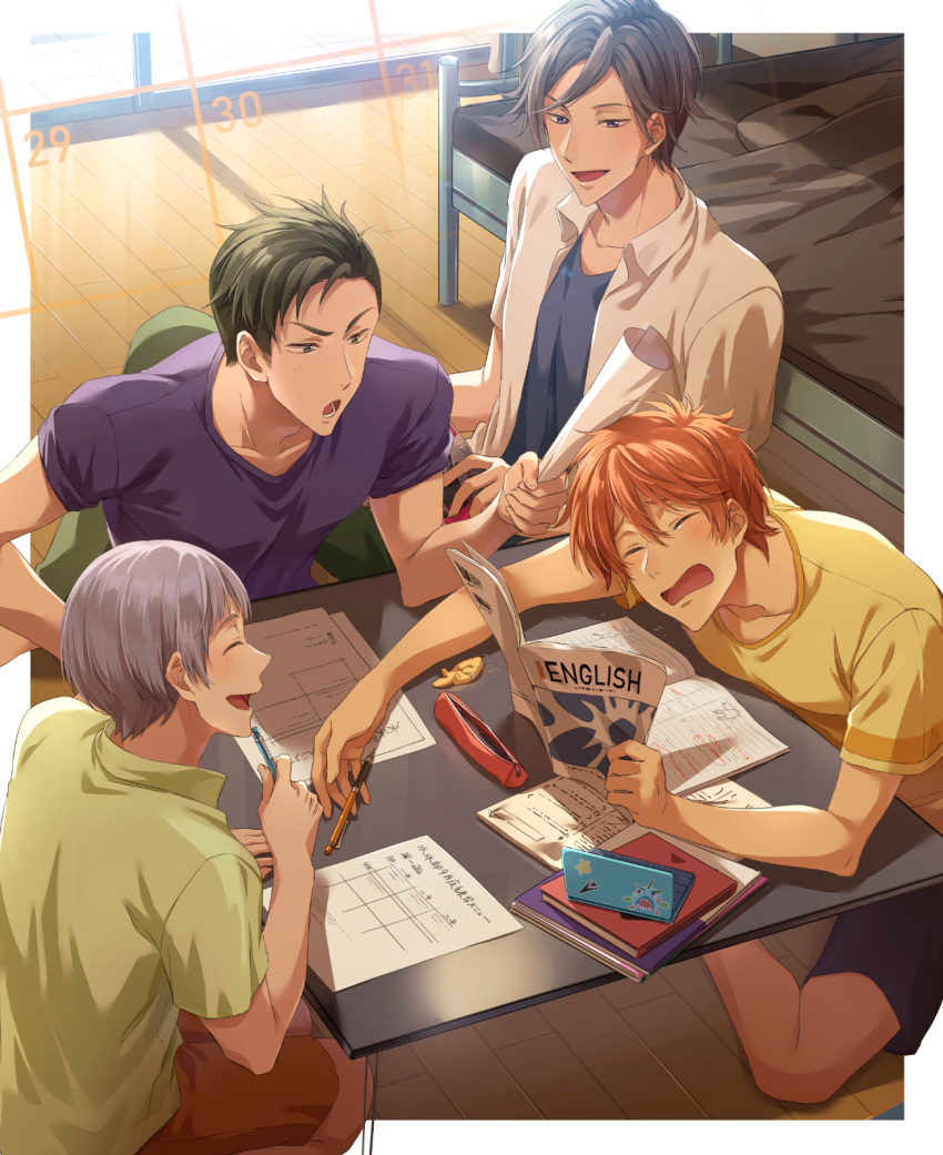 4boys ^_^ barefoot bed bedroom blue_shirt blue_shorts blush border brown_hair butterfly_sitting closed_eyes collarbone collared_shirt commentary english_text eraser free! from_above green_eyes green_pants grey_hair highres holding holding_paper holding_pencil homework indoors laughing looking_at_another male_focus mechanical_pencil mikoshiba_momotarou minami_kazuki multiple_boys nitori_aiichirou on_floor open_mouth orange_hair orange_shorts outside_border pants paper pencil pencil_case purple_eyes purple_shirt scolding seiza shirt shirt_under_shirt shorts sitting smile spiked_hair studying t-shirt table tearing_up textbook toned toned_male translated undershirt uozumi_takuya v-shaped_eyebrows white_border white_shirt window wooden_floor yellow_shirt zattape