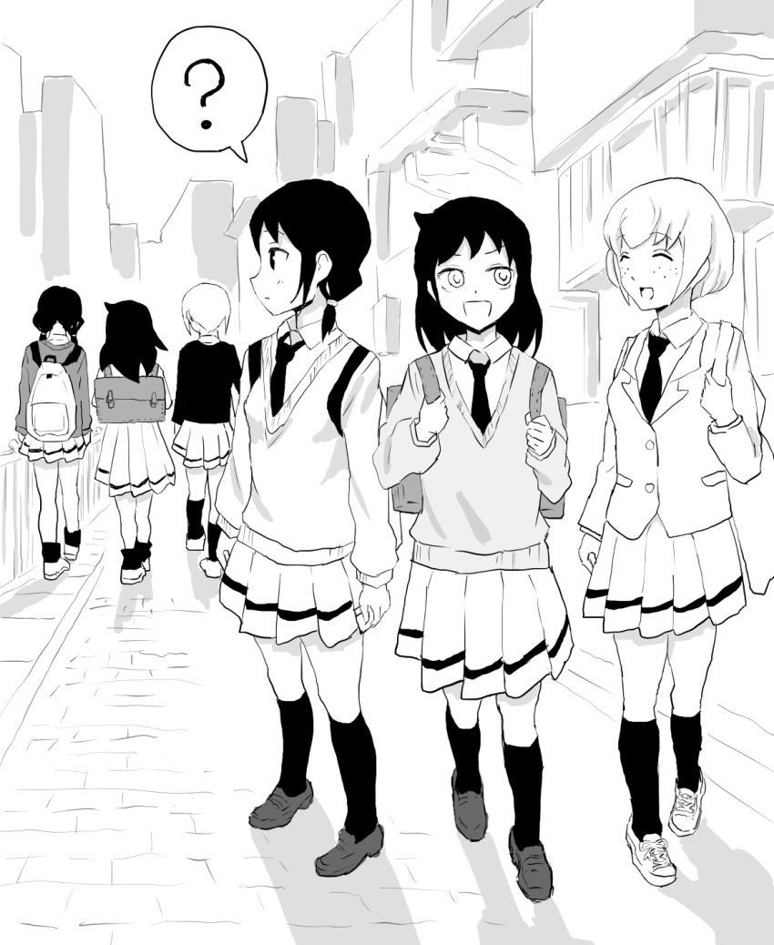 6+girls :d ? ^_^ bag blazer cardigan closed_eyes commentary dual_persona freckles from_behind greyscale highres jacket kuroki_tomoko long_hair long_sleeves looking_at_another looking_back low_twintails monochrome multiple_girls necktie open_mouth pleated_skirt pps-old protected_link road school_bag school_uniform short_hair skirt smile speech_bubble spoken_question_mark street tamura_yuri tanaka_mako time_paradox twintails watashi_ga_motenai_no_wa_dou_kangaetemo_omaera_ga_warui!