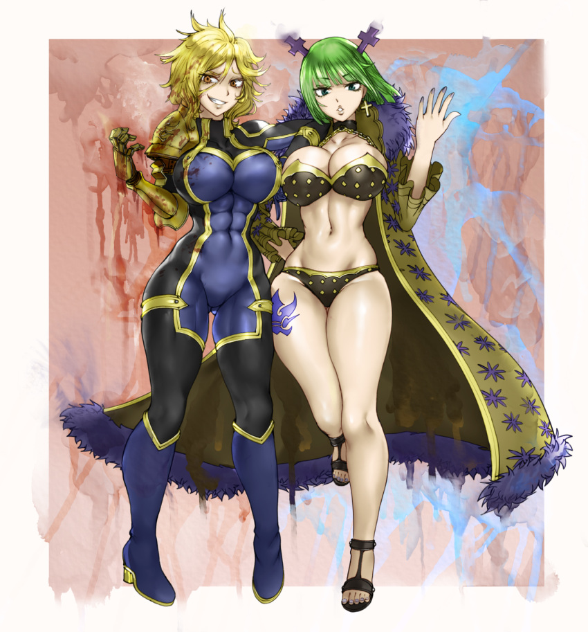 2girls abs armor ass_visible_through_thighs black_bodysuit black_choker blonde_hair blood blood_stain blue_bow bodysuit bow brandish_mu breasts brown_eyes choker cleavage collarbone commentary cross cross_earrings dimaria_yesta earrings fairy_tail full_body fur_trim green_eyes green_hair grin hair_ornament hand_up hands_up high_heels highres hip_focus jewelry large_breasts linea_alba looking_at_viewer midriff multiple_girls narrow_waist navel parted_lips pauldrons photoshop_(medium) short_hair shoulder_armor smile standing stomach the_golden_smurf thick_thighs thigh_gap thighs