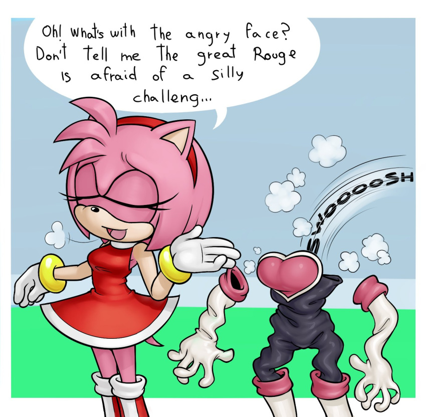 amy_rose anthro clothed clothing countershading discarded_clothing dress english_text eulipotyphlan female fur hair head_tuft hedgehog hi_res mammal mario-grant pink_body pink_fur pink_hair red_clothing red_dress sega solo sonic_the_hedgehog_(series) speech_bubble tan_body tan_countershading tan_skin text the_simpsons tuft