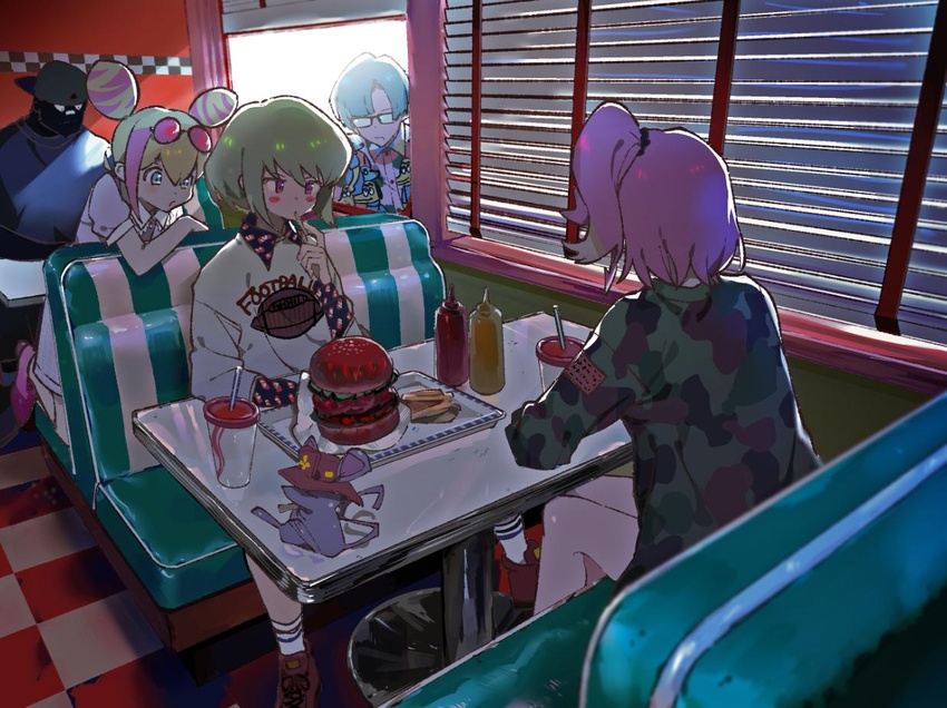 aina_ardebit back blue_eyes blue_hair blush burger commentary_request cone_hair_bun diner double_bun dress drink eating fast_food food french_fries glasses hair_bun ketchup lio_fotia long_hair lucia_fex mouse_(animal) multicolored_hair oversized_clothes pink_hair promare protected_link remi_puguna restaurant short_hair side_ponytail sitaka72sita soda sunglasses sweater two-tone_hair varys_truss vinny_(promare)