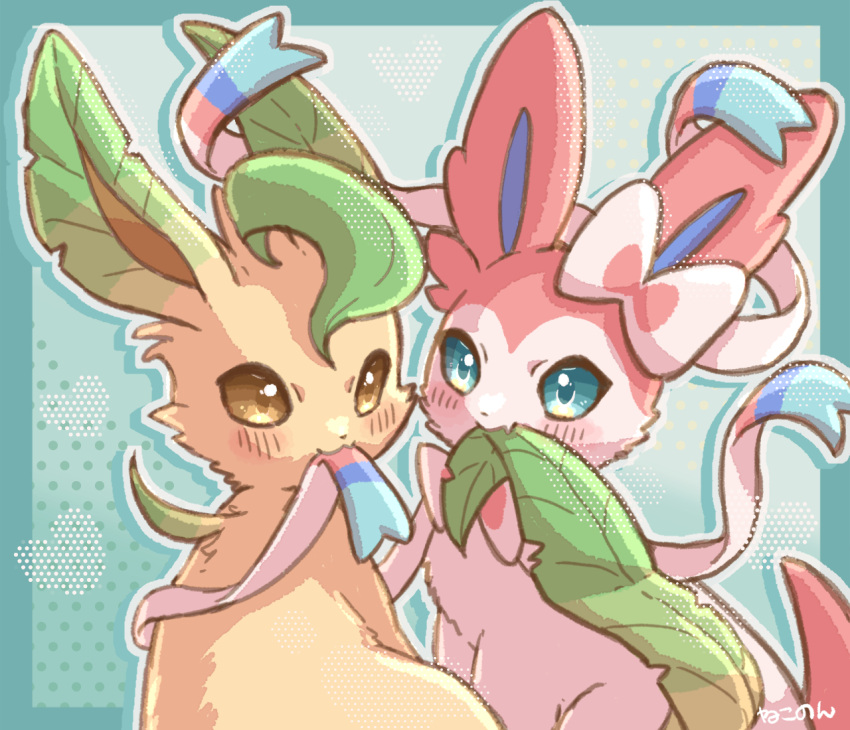 2022 :3 blue_body blue_eyes blue_fur blue_inner_ear blush brown_eyes cel_shading digital_drawing_(artwork) digital_media_(artwork) duo eeveelution feral fur generation_4_pokemon generation_6_pokemon green_ears heart_symbol leafeon mouth_hold multicolored_ears nekonon_syano nibbling nintendo nom pink_blush pink_body pink_ears pink_fur pink_tail pokemon pokemon_(species) screentone shaded simple_background sylveon tail tail_nom yellow_body yellow_fur