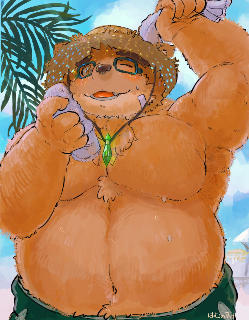 2019 anthro beach bear belly blush brown_body brown_fur buta5kawa clothing eyewear fur glasses hamuga86 hat headgear headwear hi_res lifewonders male mammal moobs navel one_eye_closed outside overweight overweight_anthro overweight_male seaside solo straw_hat swimwear tokyo_afterschool_summoners towel volos_(tas) wink