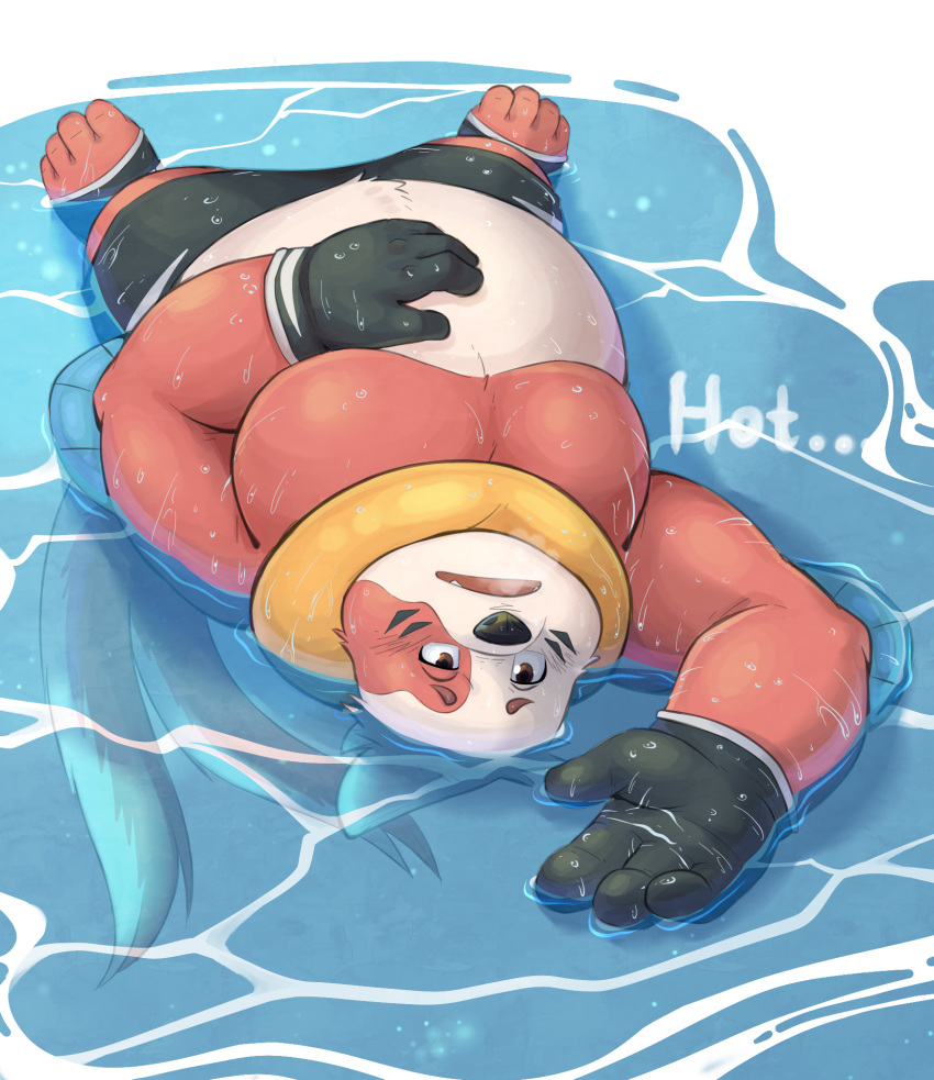 2020 anthro aotoaka belly black_nose buizel clothing english_text generation_4_pokemon hi_res humanoid_hands lying male nintendo overweight overweight_anthro overweight_male pokemon pokemon_(species) solo swimwear text water